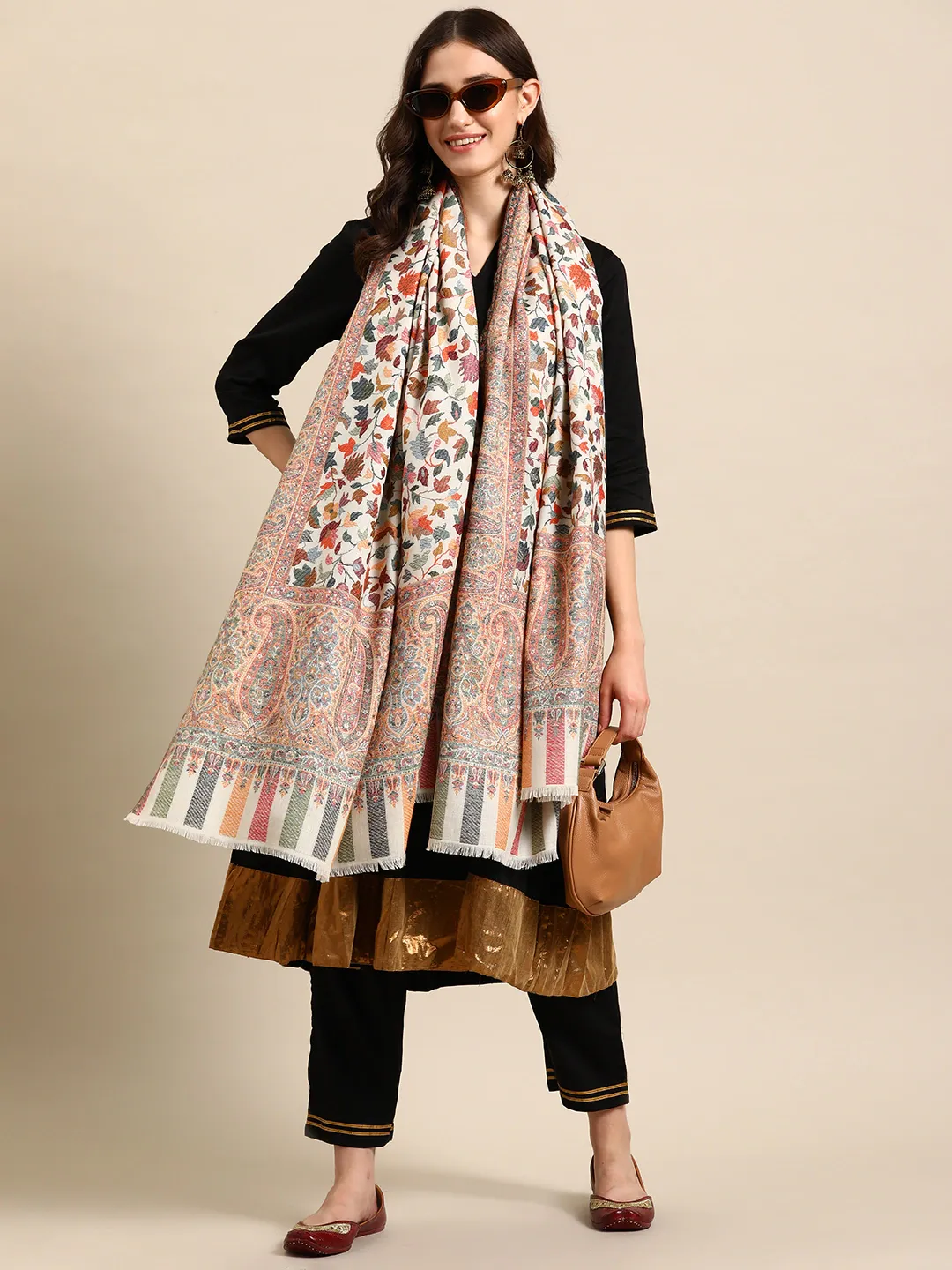 Women White Woolen Floral Woven Design Kashmiri Kaani Shawl