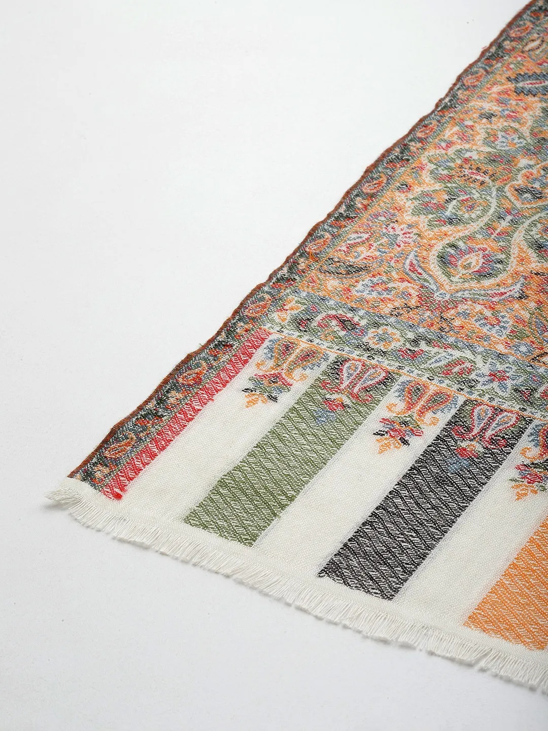 Women White Woolen Floral Woven Design Kashmiri Kaani Shawl