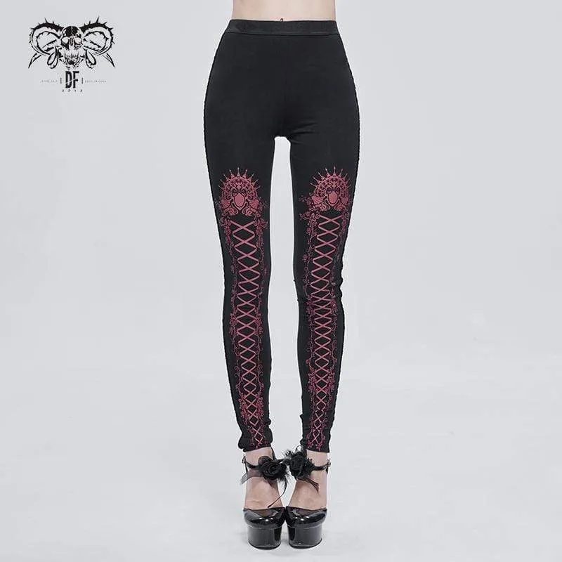 Women's Gothic Strappy Printed Leggings Red