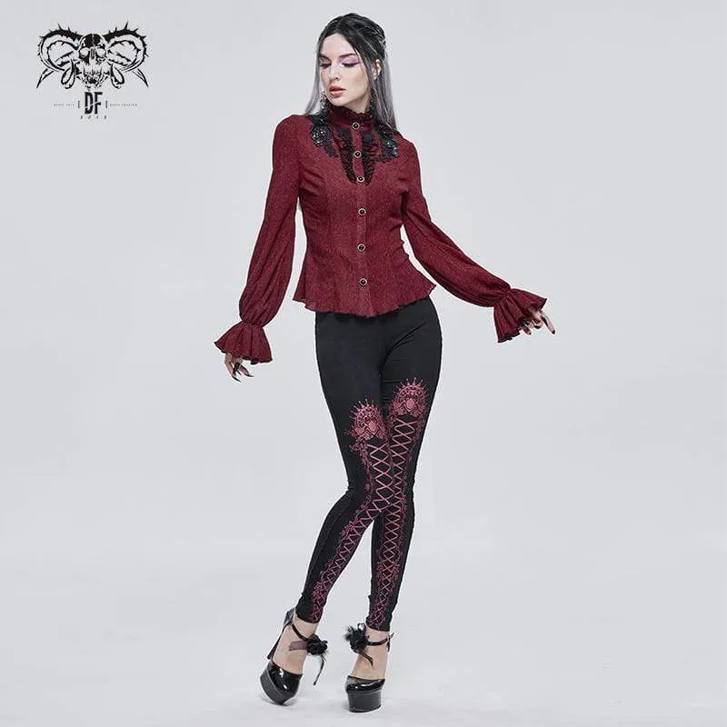 Women's Gothic Strappy Printed Leggings Red