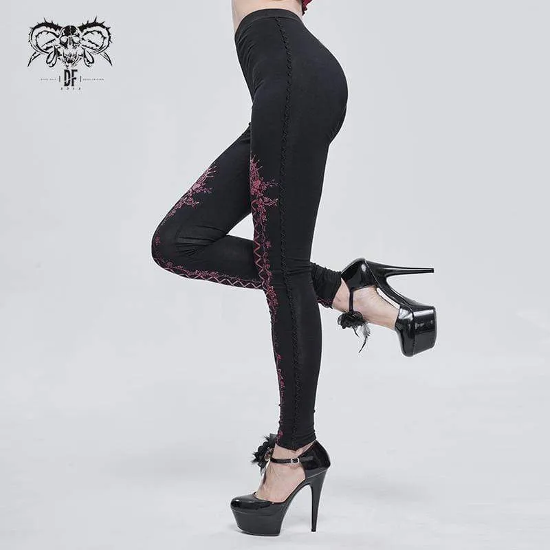 Women's Gothic Strappy Printed Leggings Red