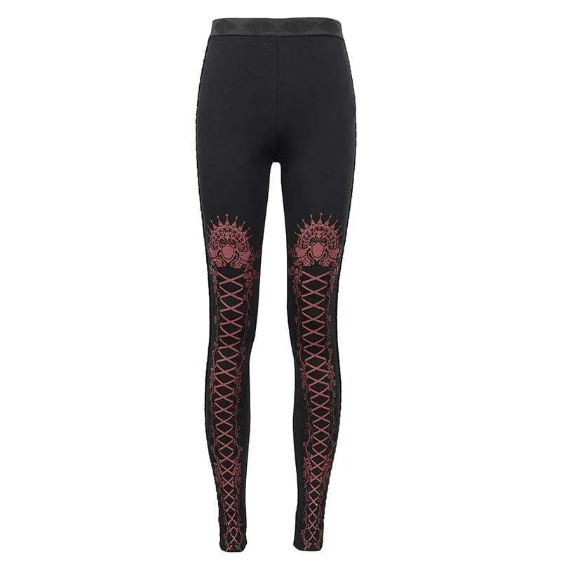 Women's Gothic Strappy Printed Leggings Red