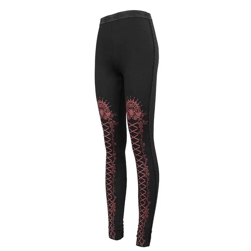 Women's Gothic Strappy Printed Leggings Red
